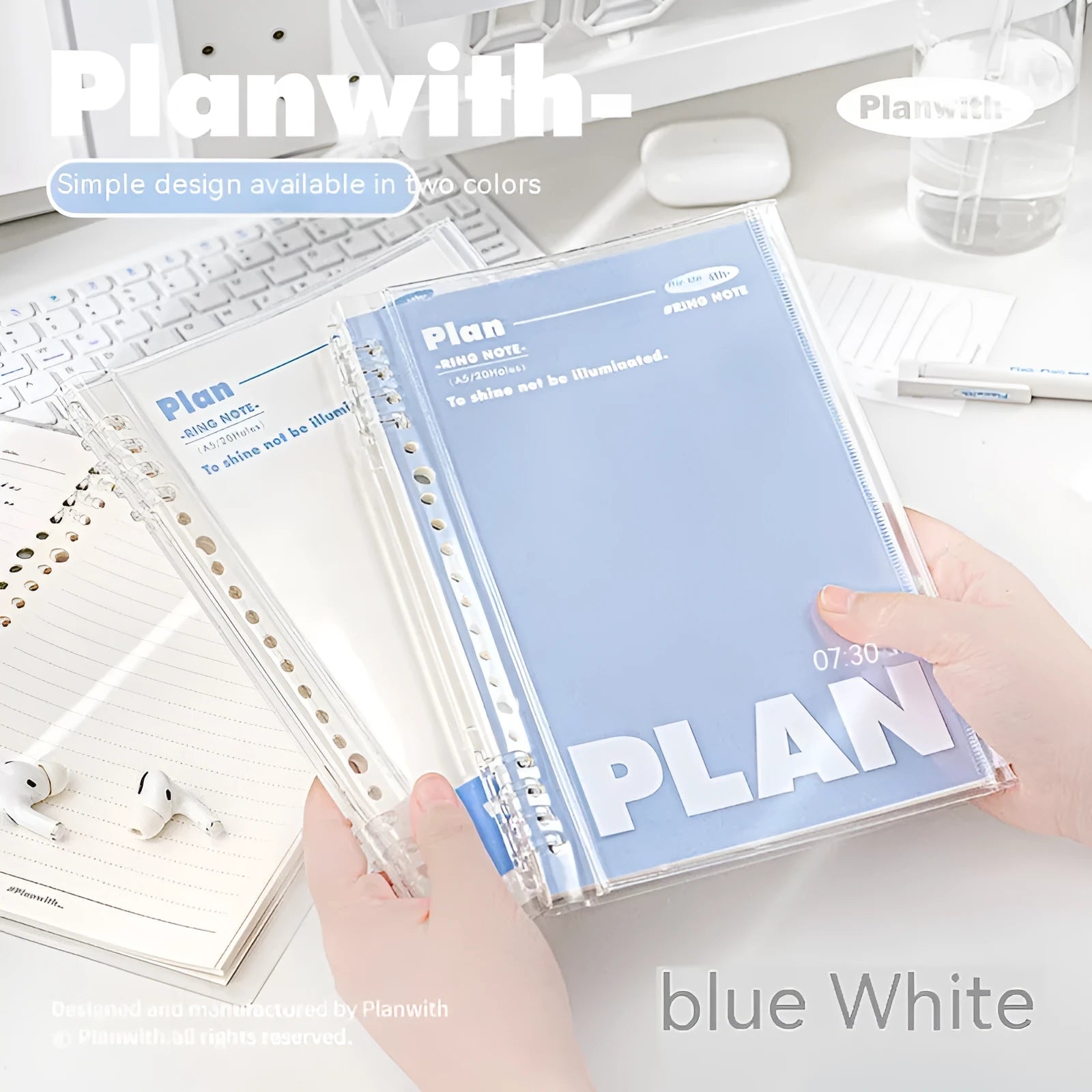 Blue and white A5 PVC spiral notebook showing spiral binding and water-resistant cover.