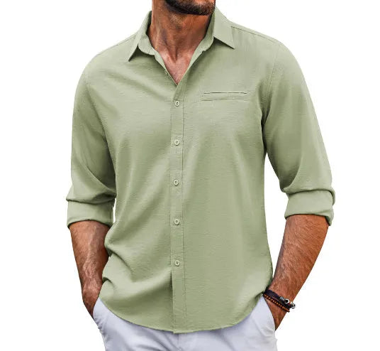 Men's solid colour long-sleeve shirt with a polo collar and a chest pocket on the left side.
