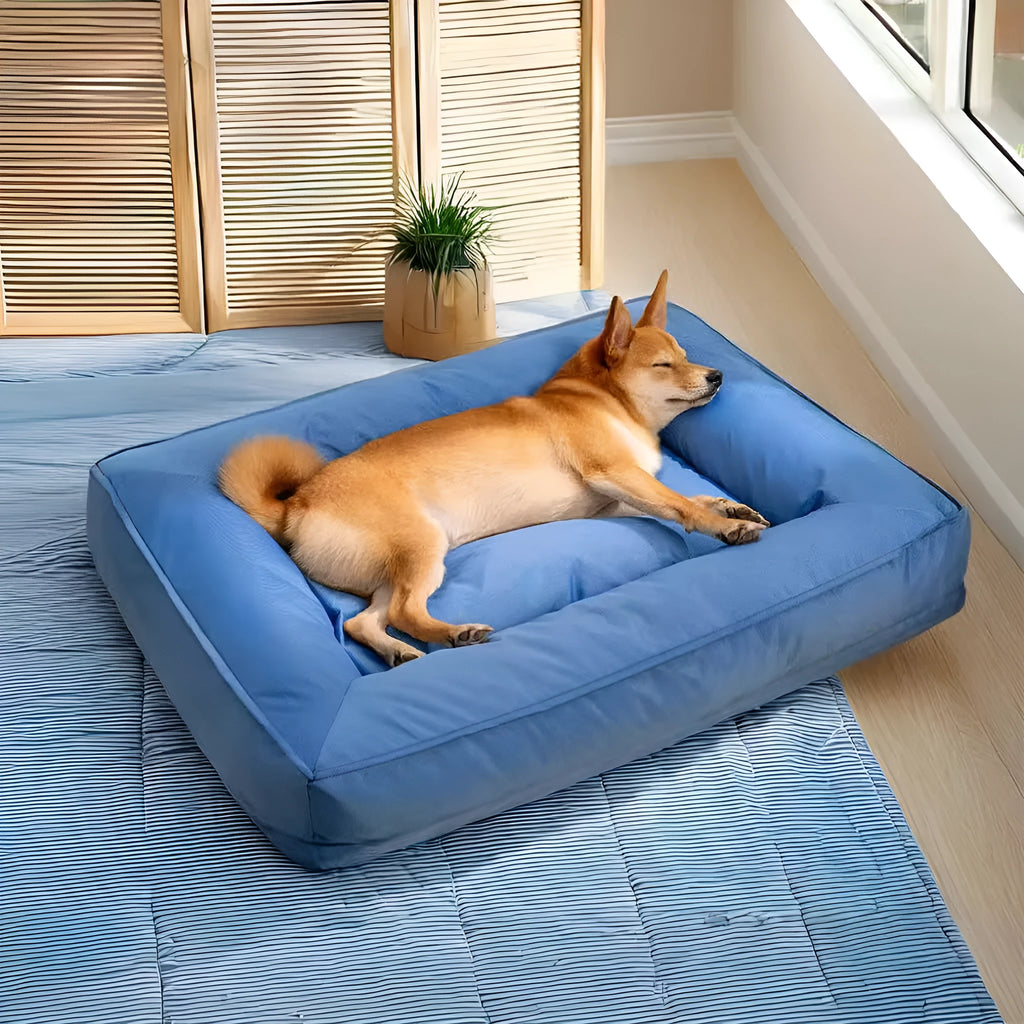 Orthopedic dog bed with full surround support, waterproof Oxford cloth, in blue, available in multiple sizes