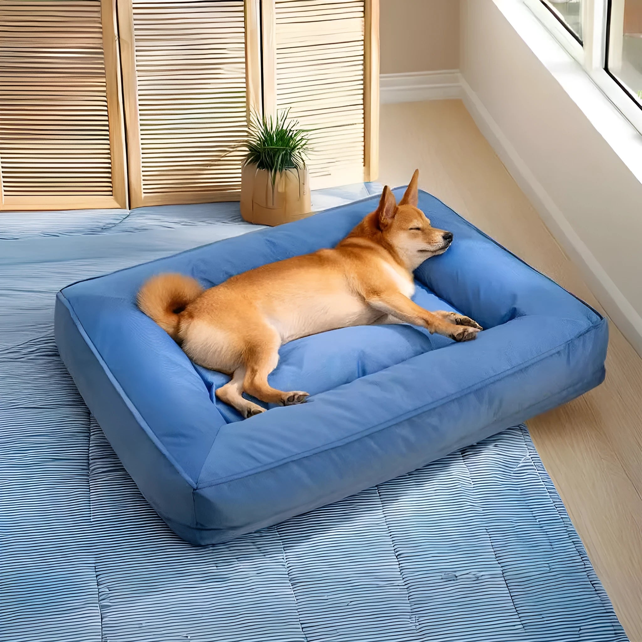 Orthopedic dog bed with full surround support, waterproof Oxford cloth, in blue, available in multiple sizes