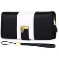 Black anti-theft RFID clutch bag with zip open showing card slots and microfiber lining.