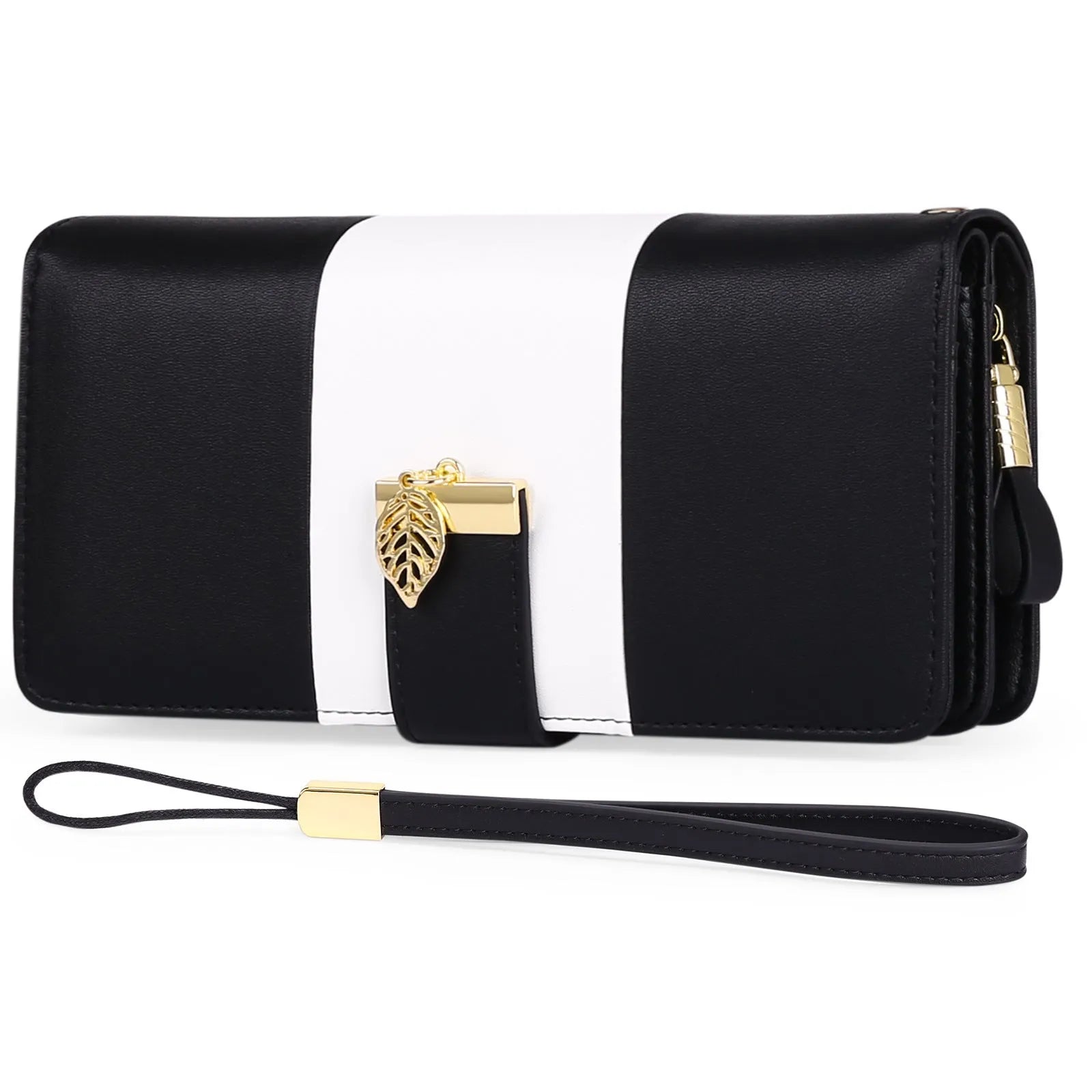 Black anti-theft RFID clutch bag with zip open showing card slots and microfiber lining.