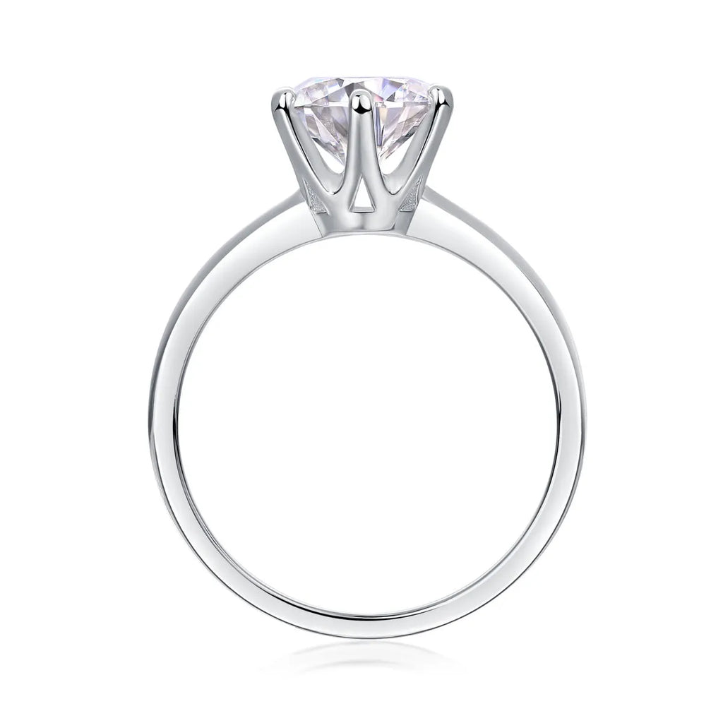 Classic six-prong moissanite wedding ring with platinum-plated S925 silver, 1-5 carat options, ring sizes 5-9