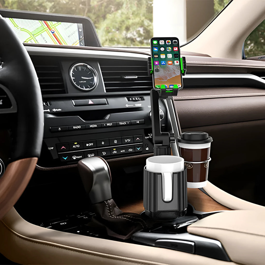 Green and grey A02 model car accessory holder for kettles and mobile phones on a car seat.
