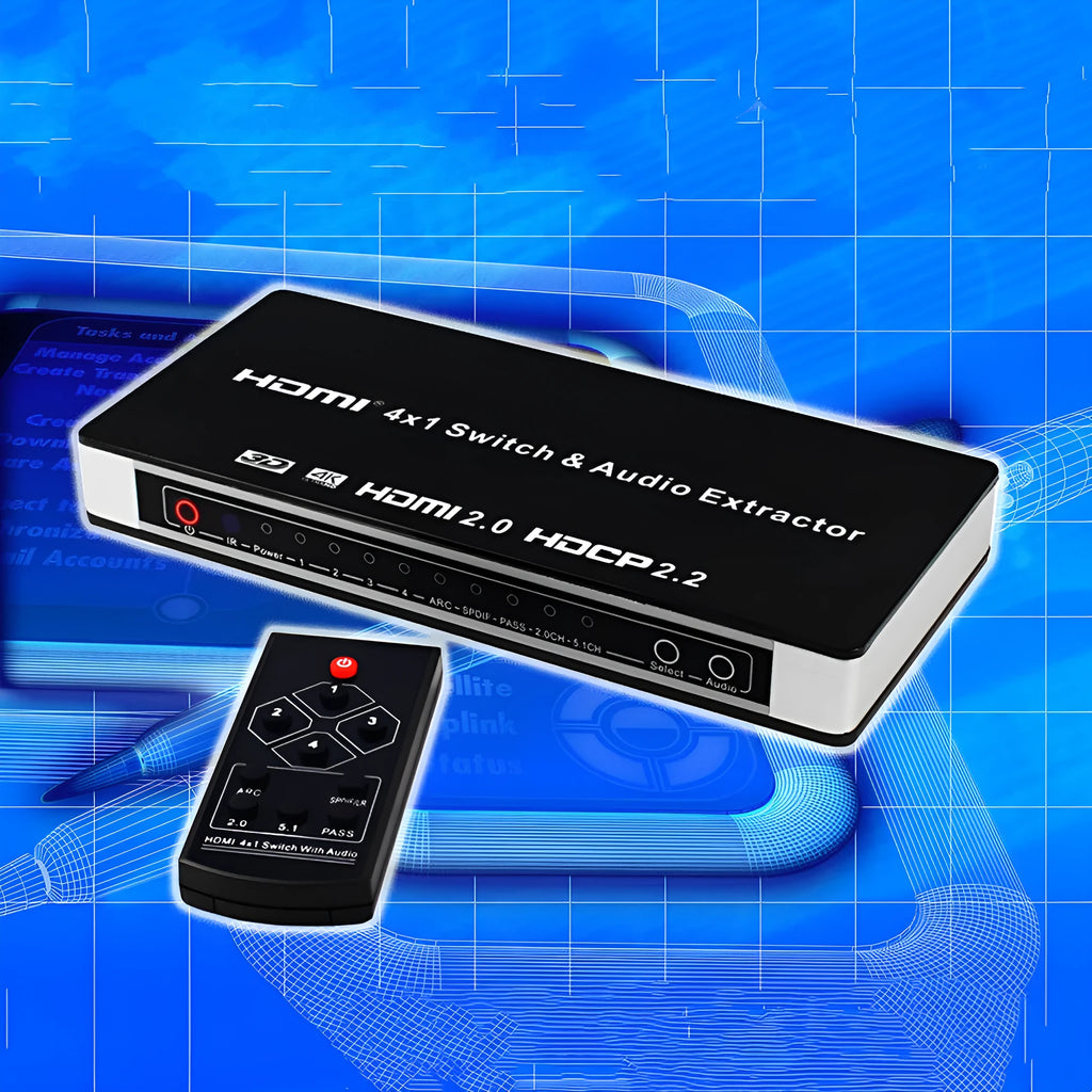 Black HDMI 4x1 switch with remote control for home theatre video switching