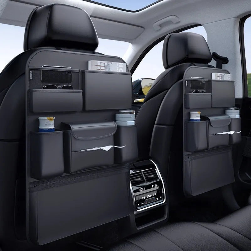 Black leather car seat back hanging storage bag with a handle