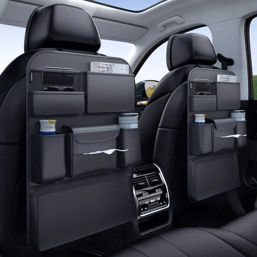 Black leather car seat back hanging storage bag with a handle