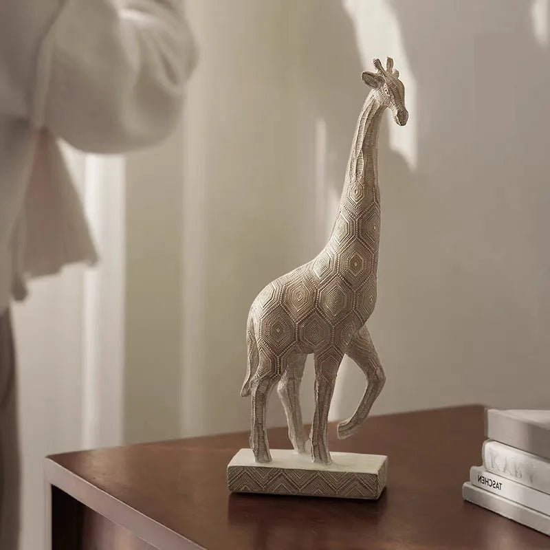 Wood colour giraffe resin ornament on a shelf, showing European style sculptural details.