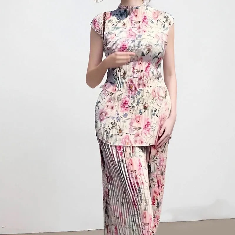 Women's long sleeve printed chiffon dress set with high waist and matching top in picture colour