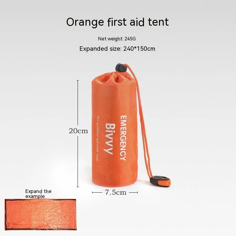 Portable orange emergency tent with sleeping bag and whistle for disaster relief camping