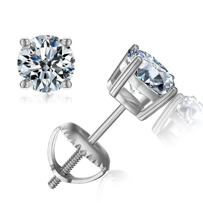 Silver claw set moissanite stud earrings with screw back, showing geometric stone.