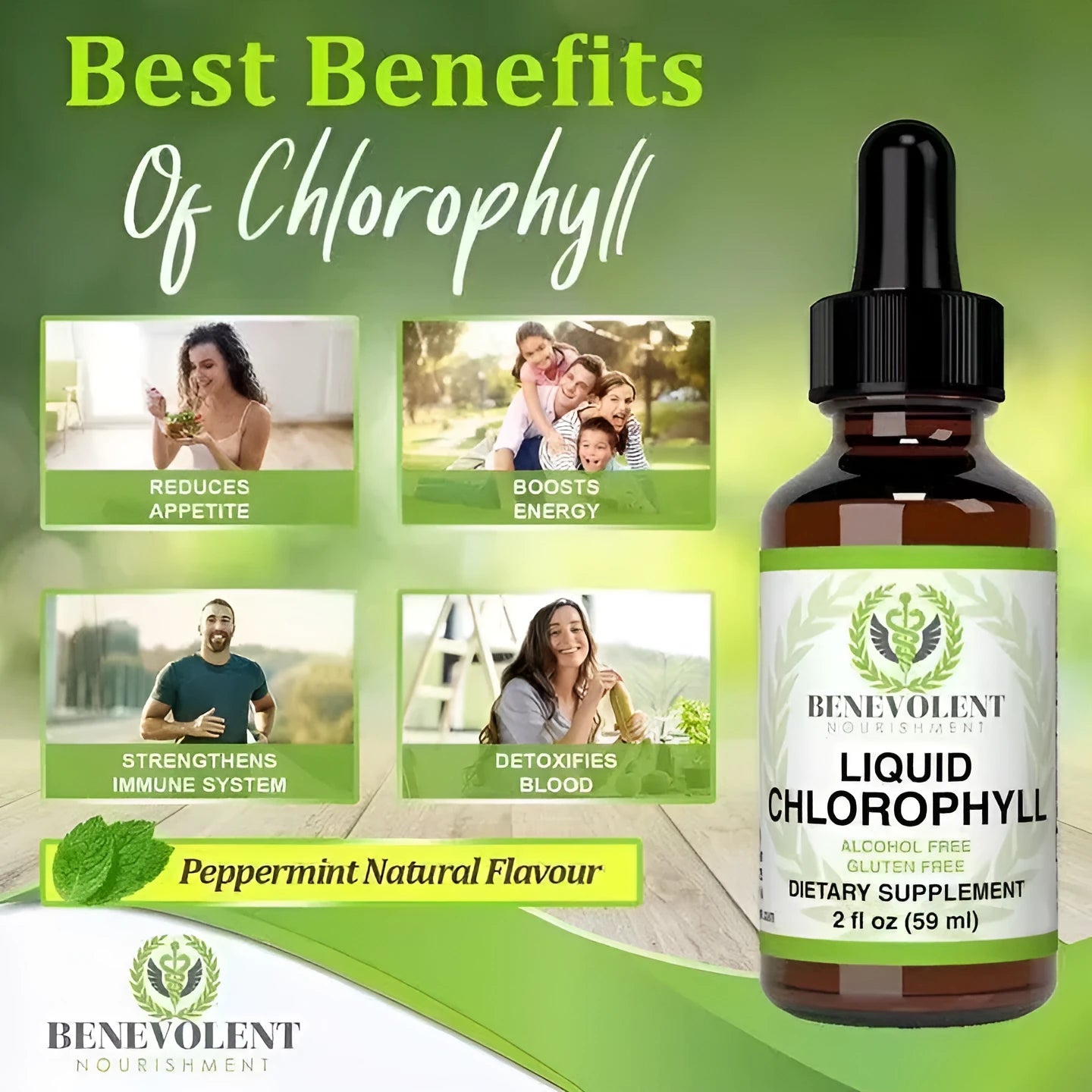 60ml bottle of natural liquid chlorophyll drops with dropper for adult intestinal care