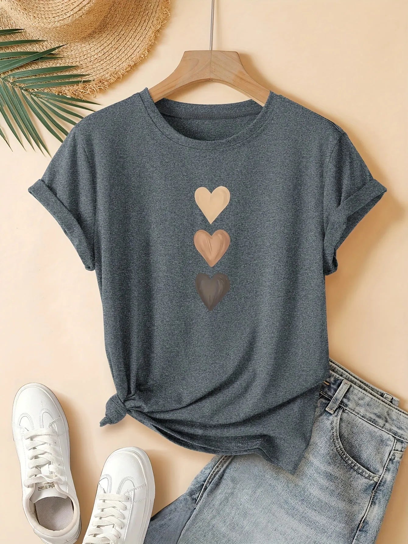 Women's pure cotton short sleeve T-shirt with Chinese art retro print in dark grey colour