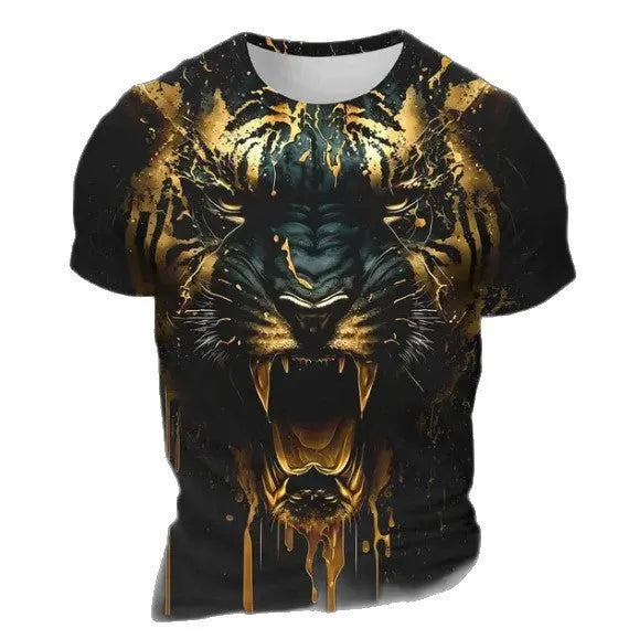 Men's grey T-shirt with detailed 3D tiger pattern print on front, short sleeves, pullover style