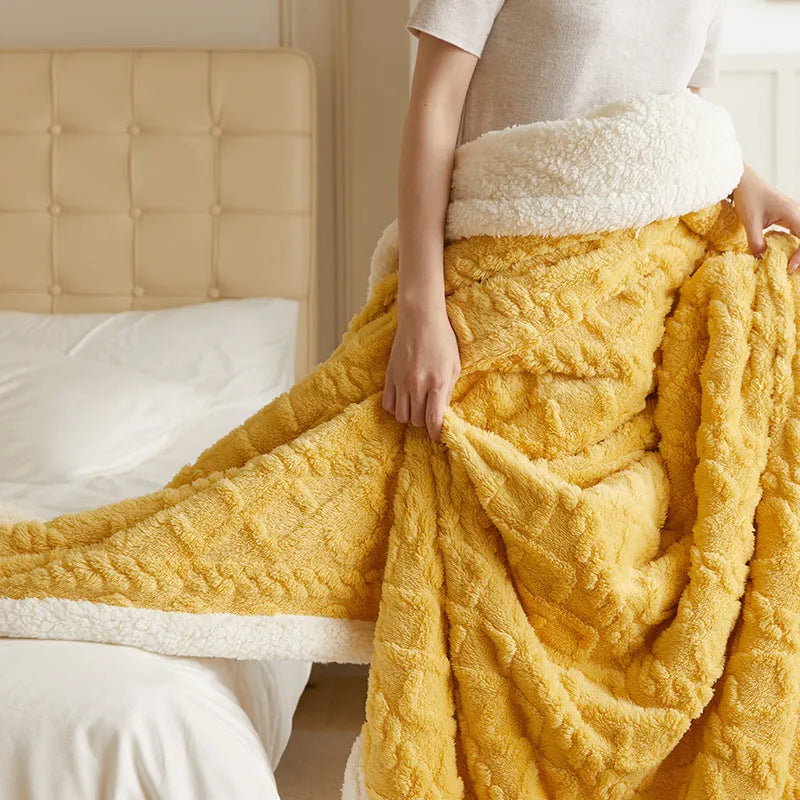 Polyester flannel winter blanket in tea green colour showing taffeta thermal weave texture