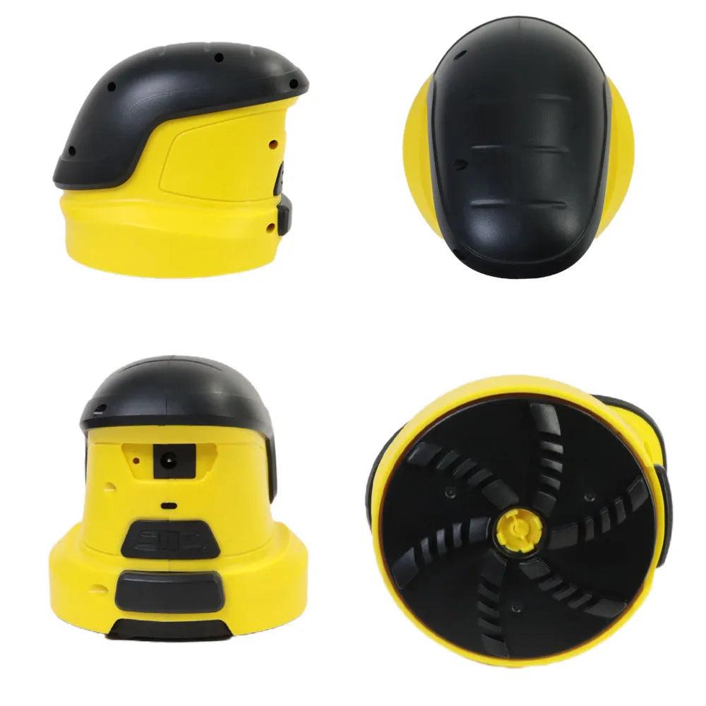 Yellow cordless electric ice scraper with USB charging cable on a car windscreen.