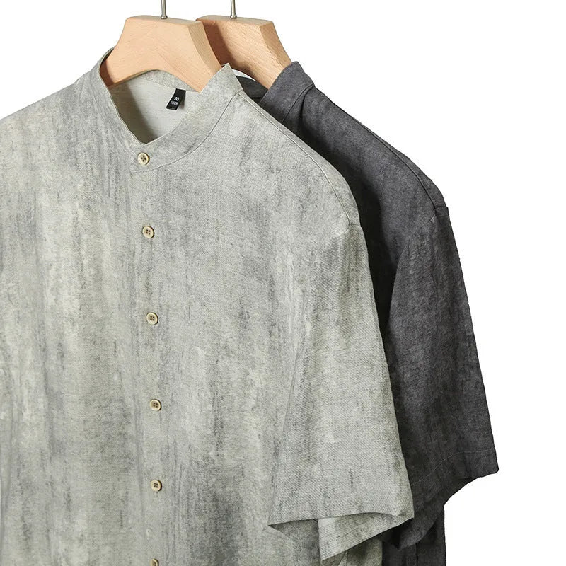 Men's loose fit linen blend shirt with stand collar in solid colour options