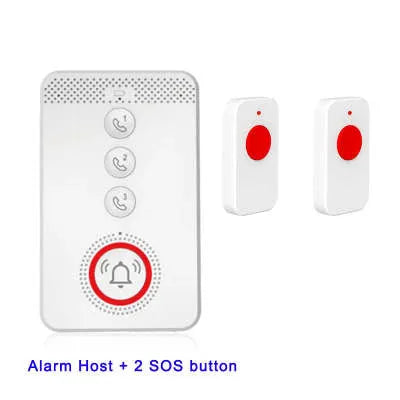 White emergency alert device with three wireless buttons and one central buzzer unit for elderly safety