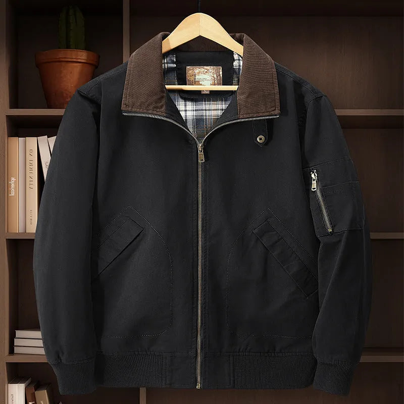Men's plus size washed cotton baseball flight jacket in camel colour