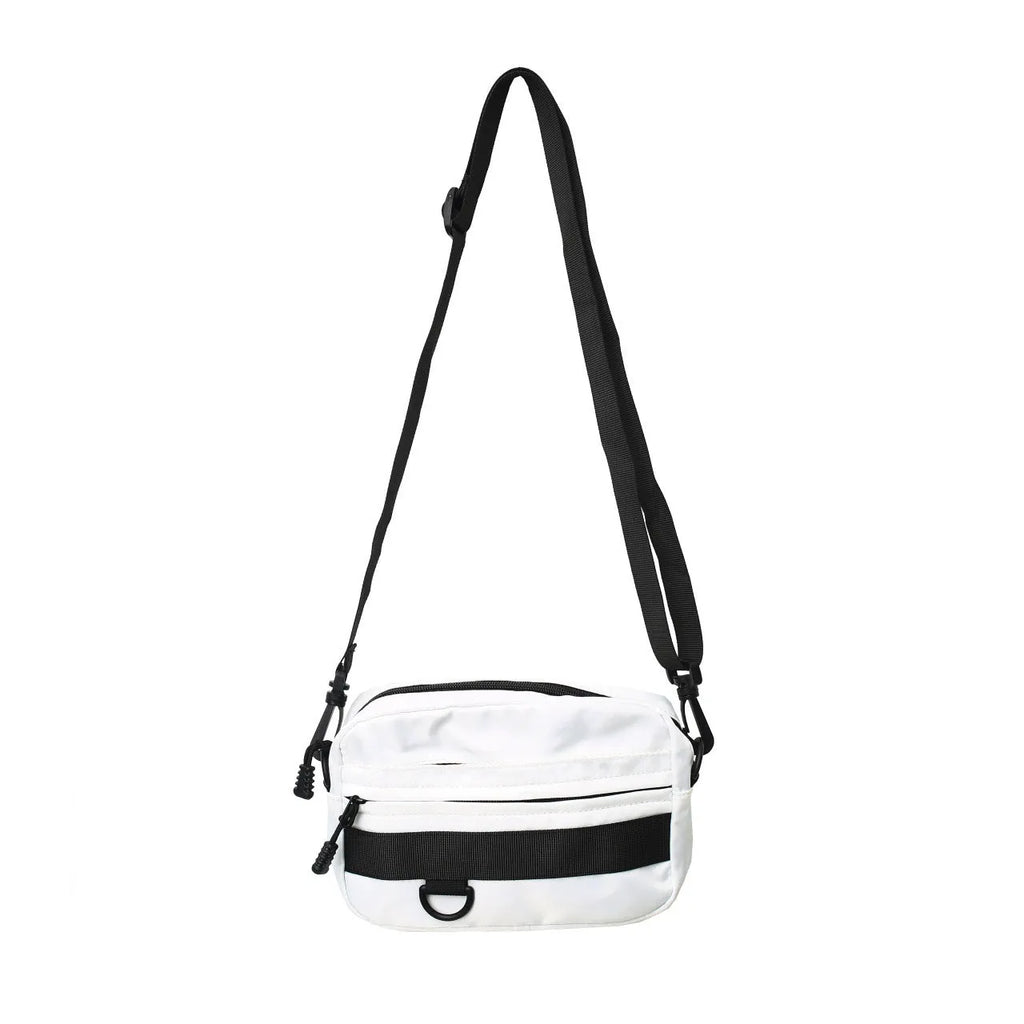 Men's nylon messenger bag with crossbody strap in street trend style showing sewing thread detailing