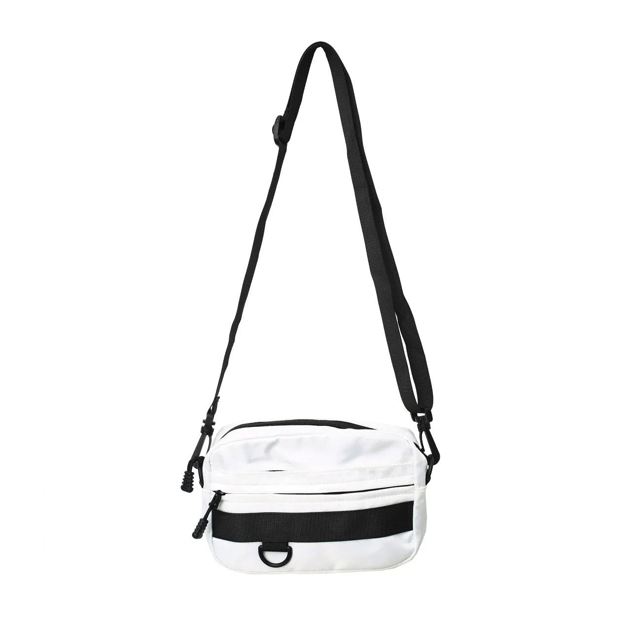 Men's nylon messenger bag with crossbody strap in street trend style showing sewing thread detailing