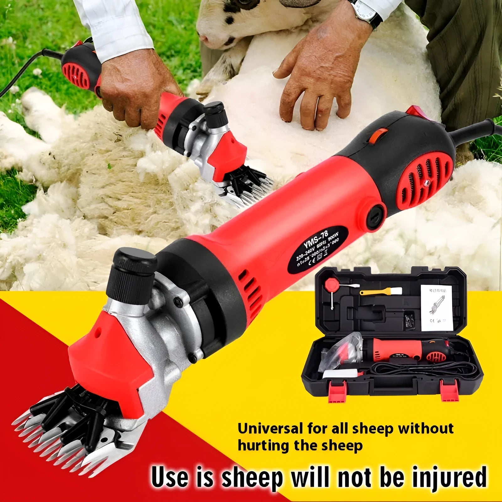 Yellow electric wool shearing machine with 110V plug and complete accessory kit including multiple comb sets