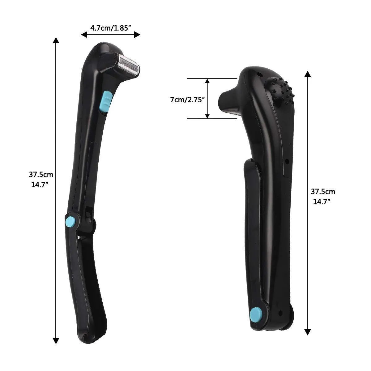 Black folding body electric shaver in open and closed positions showing battery compartment