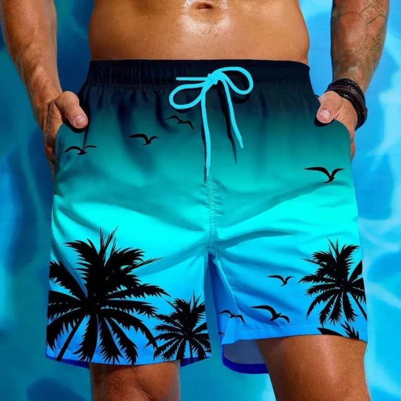 Men's loose board swimming trunks in polyester fiber with ethnic style pattern available in multiple colours