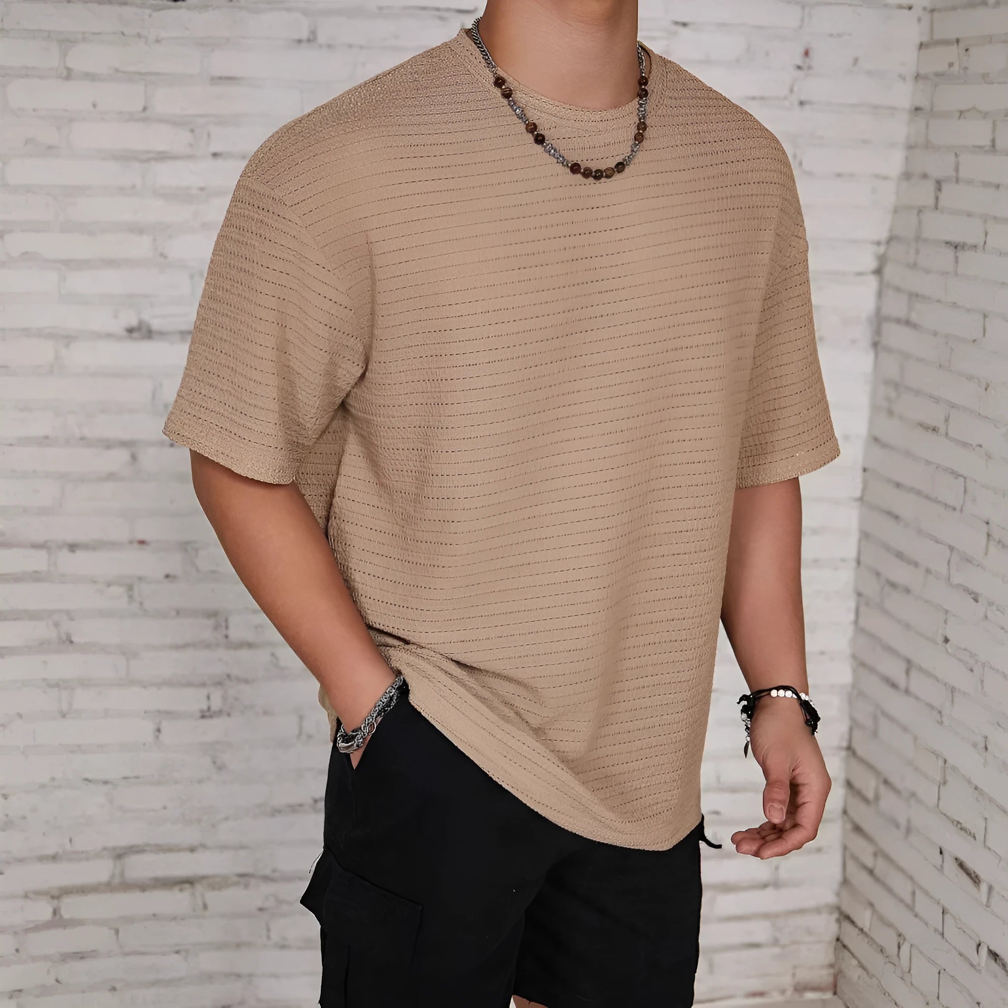 Men's slim fit polyester t-shirt with loose hollow knit design in light blue colour