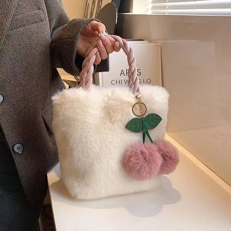 Large capacity soft plush travel bucket bag with open pocket in milky white colour