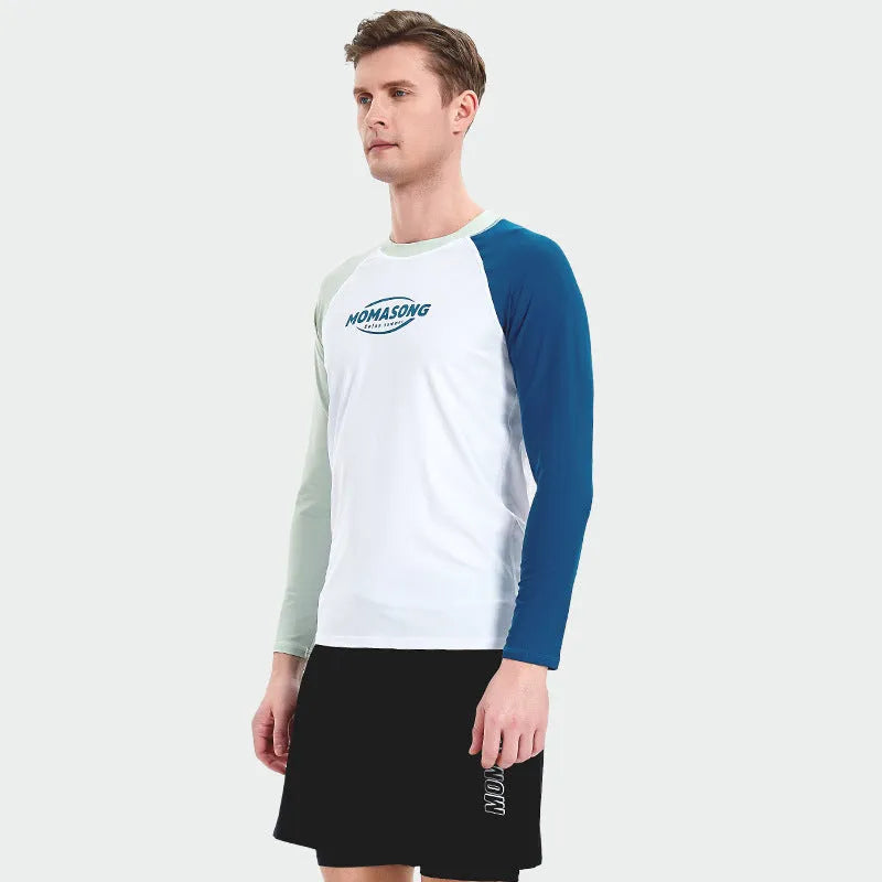 Men's white long sleeve swim top and matching swim trunks set on a mannequin