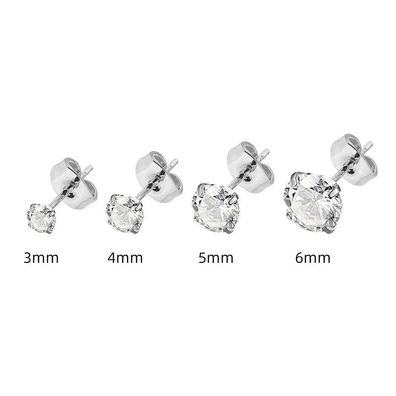 Titanium steel geometric stud earrings showing square and round zircon designs in gold and steel colours