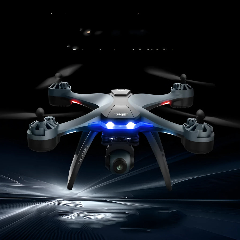 GPS quadrocopter drone with remote controller, spare blades, and landing gear on white background