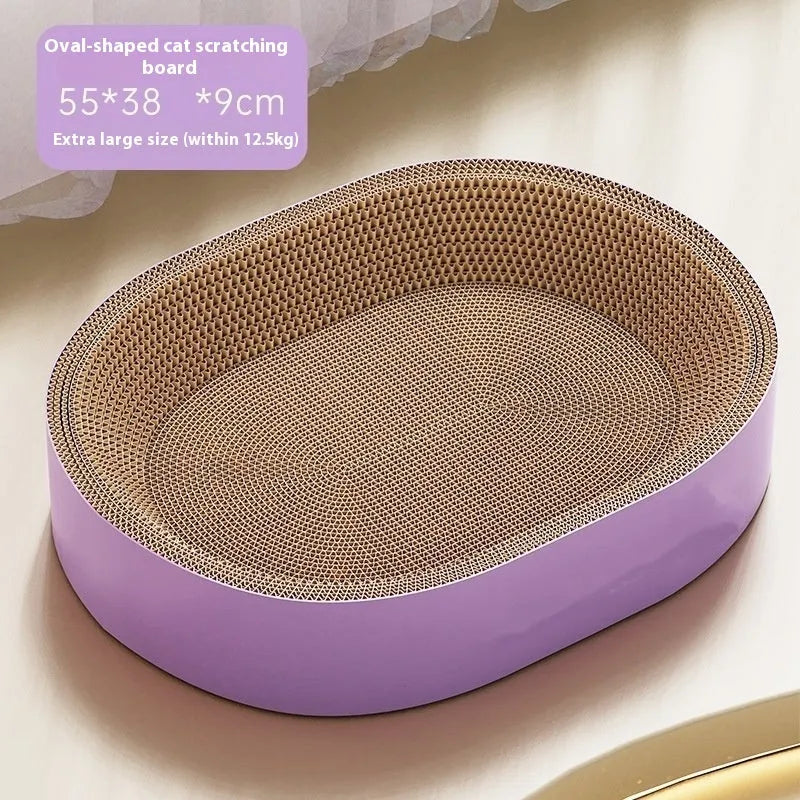 Green oval cat scratch board and nest measuring 55cm in diameter made from corrugated paper