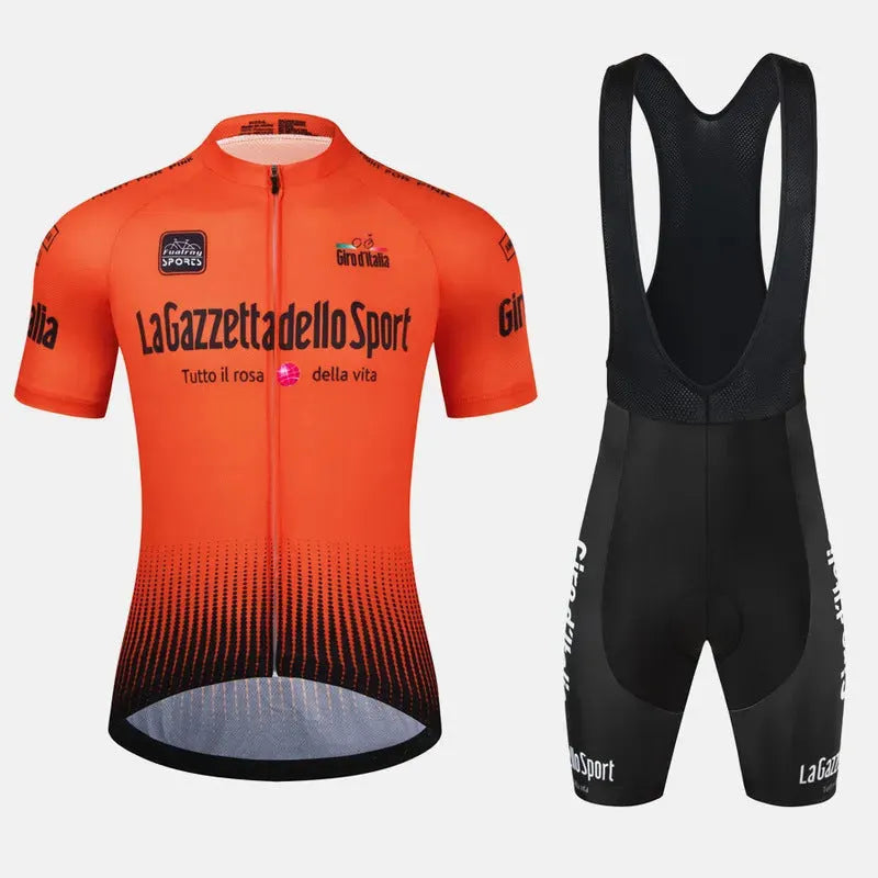 Short sleeve cycling jersey in a colour option, laid flat to show unisex cut and breathable polyester fabric.