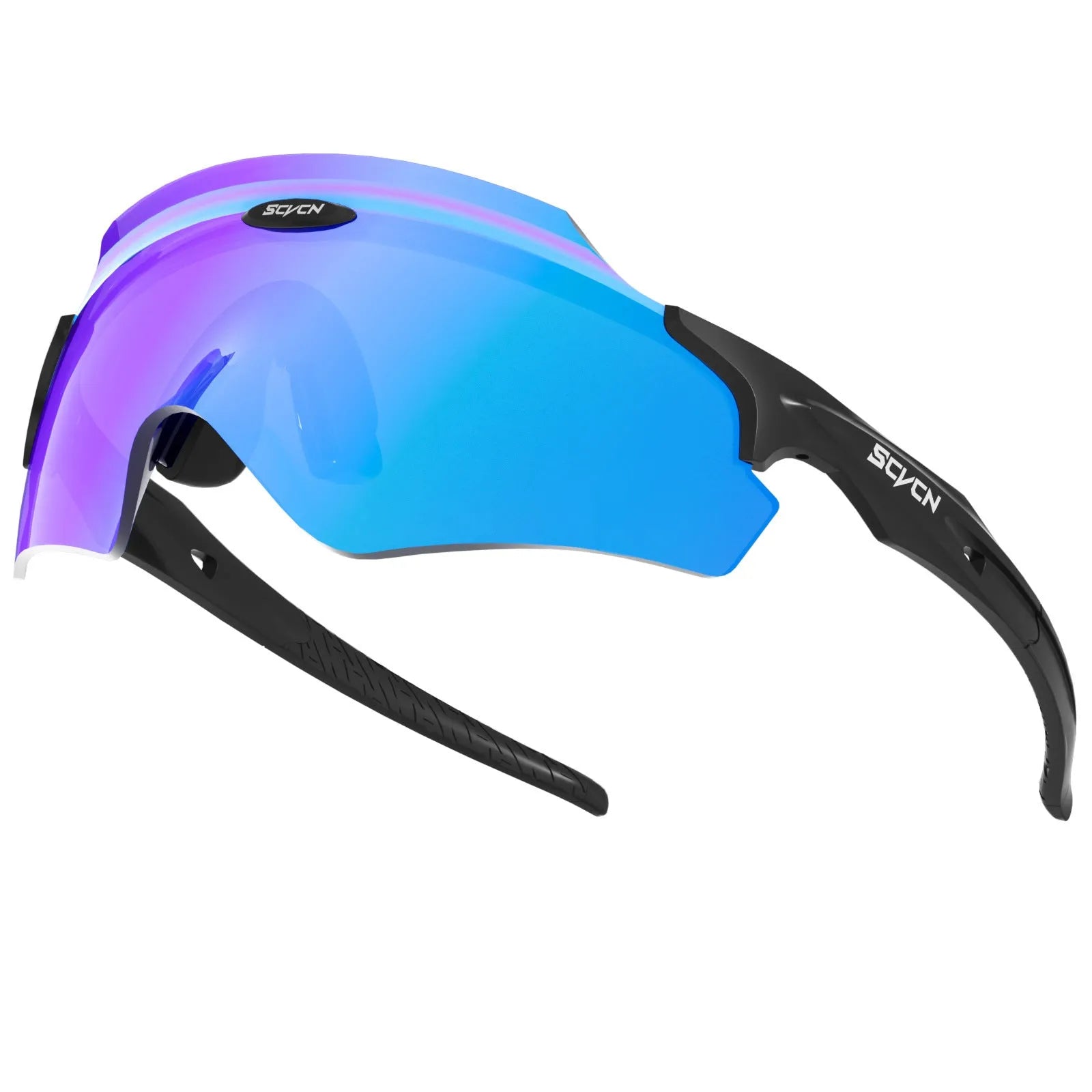 Frameless windproof sports goggles with a colourful integrated lens, shown in multiple style colours.