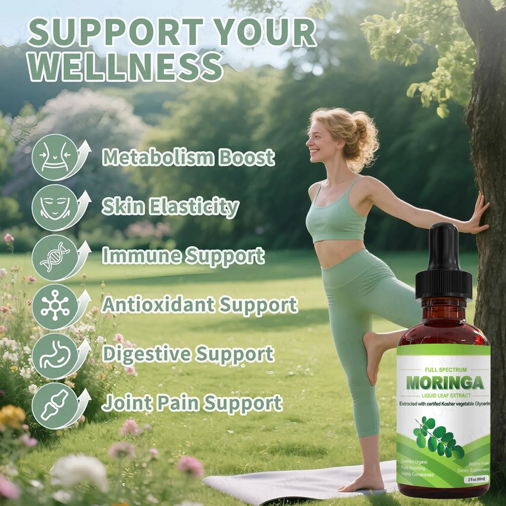 60ml bottle of organic moringa leaf extract liquid supplement with dropper