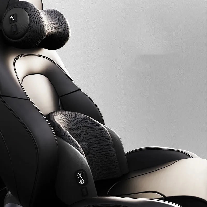 Memory cotton car seat massage cushion with electric vibration function for lumbar and headrest support.