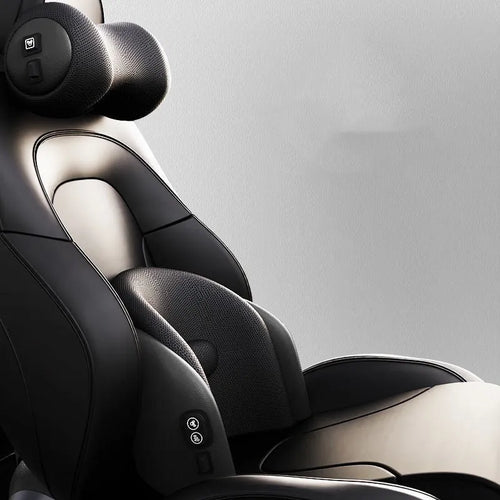 Memory cotton car seat massage cushion with electric vibration function for lumbar and headrest support.