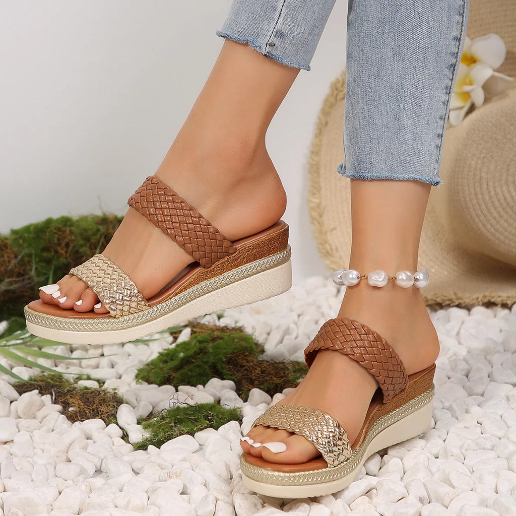 Gold and silver plus size wedge sandals for women showing PU upper and rubber sole