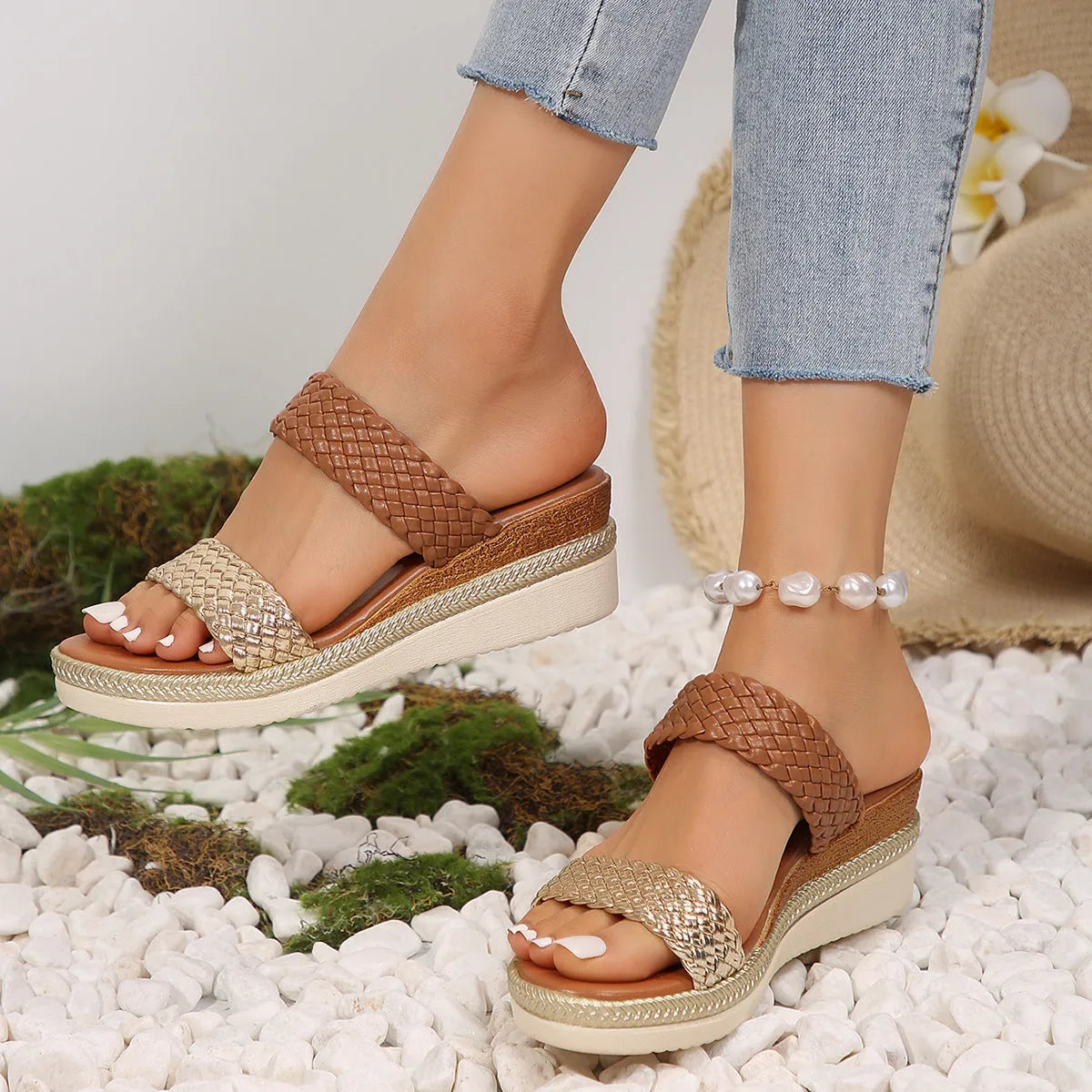 Gold and silver plus size wedge sandals for women showing PU upper and rubber sole