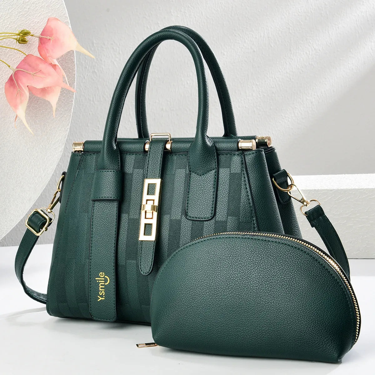 Round black PU leather crossbody bag with adjustable strap on a mannequin, showing zip closure.