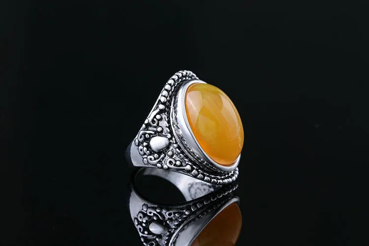 Retro geometric alloy ring with fluorescent beeswax electroplating in antique silver amber colour