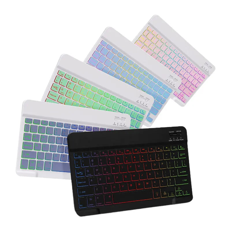 iPad leather protective case with built-in luminous RGB backlit Bluetooth keyboard and optional mouse in various colours.