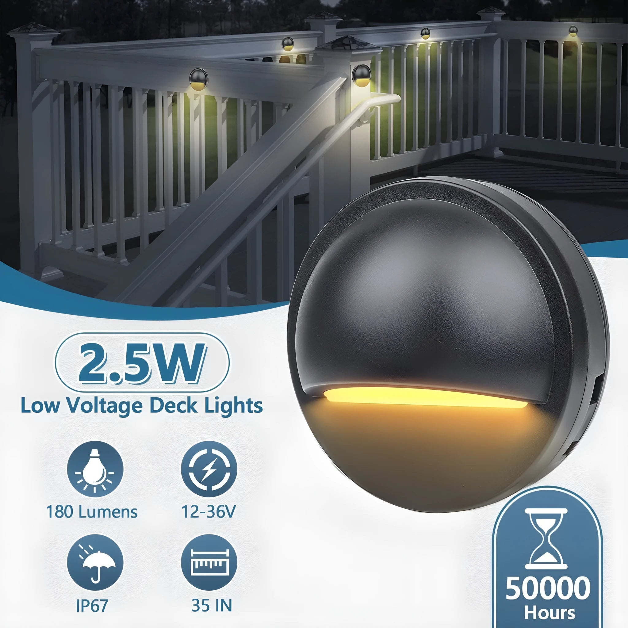 Platinum-coloured low-voltage outdoor step light for garden paths with IP67 rating.