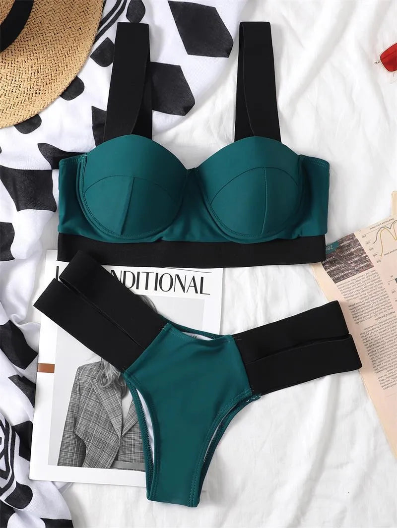 Women's contrast colour bikini swimsuit with steel bracket push-up top, shown in multiple colour options.
