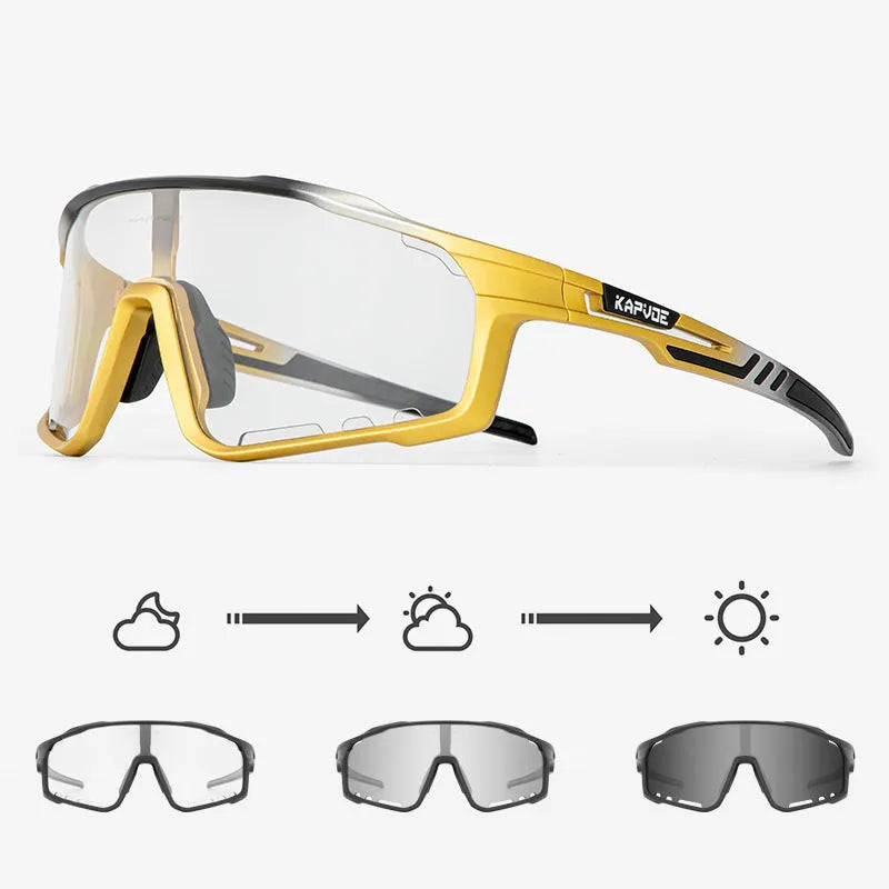 TR90 semi-rimless cycling sunglasses with photochromic lenses, shown in multiple colour options.
