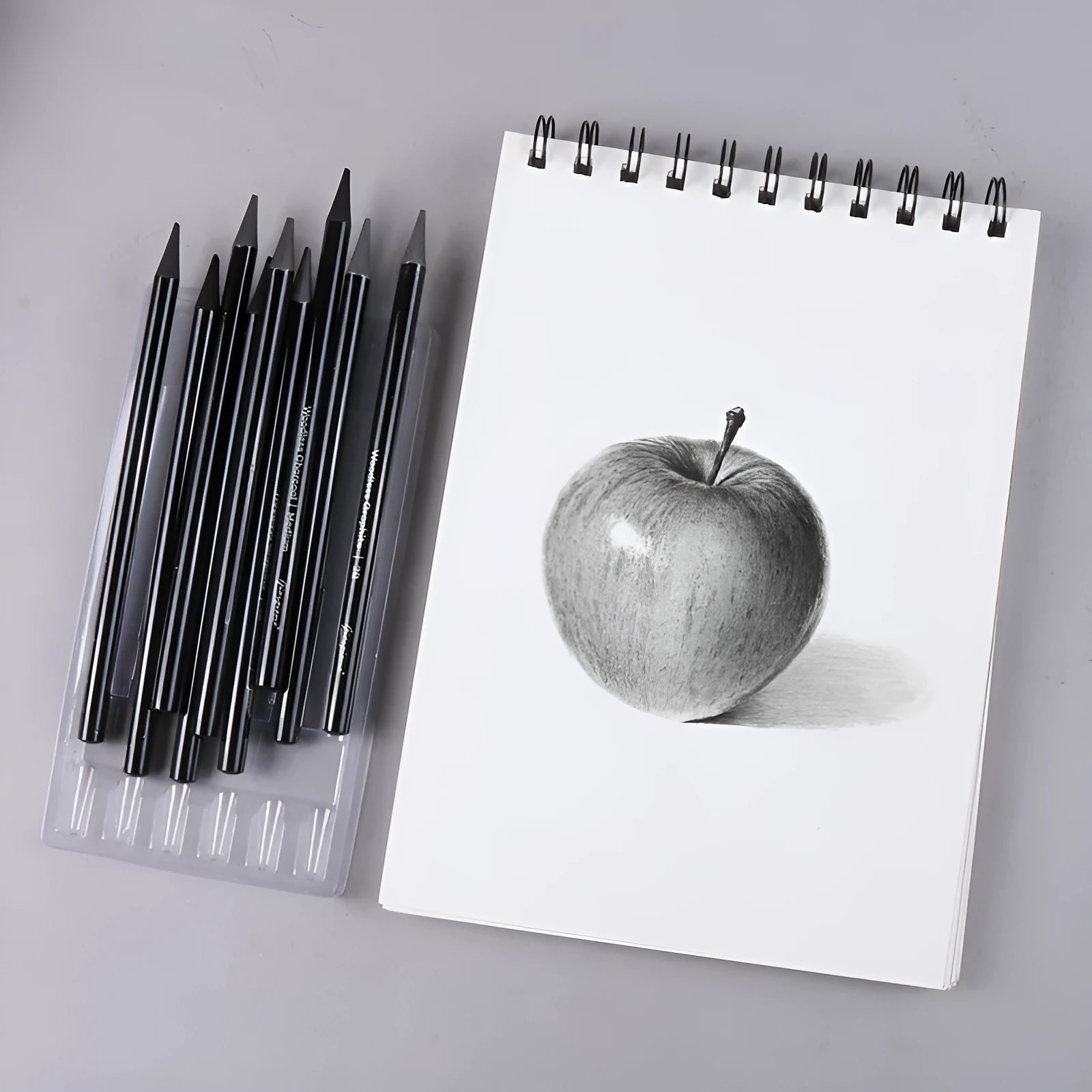 Wooden graphite and carbonized drawing pencils for artists on suction card packaging