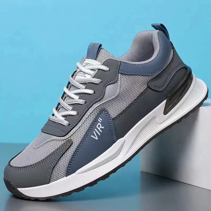 Men's colour block mesh lace-up sneakers in grey on a white background