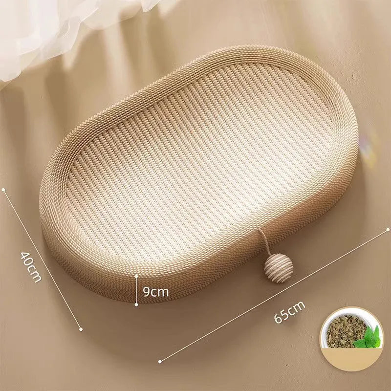 Large rectangular sisal cat scratching board with a built-in cat bed lounge on top.